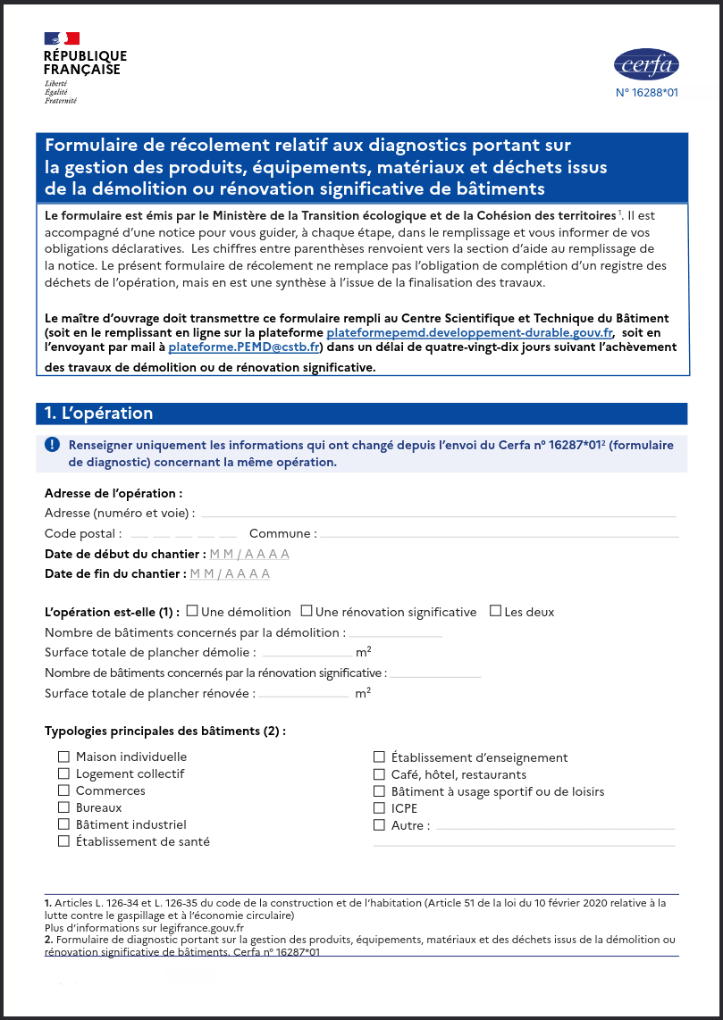 Formulaire de recolement CERFA 16288 genere par DiagApp
