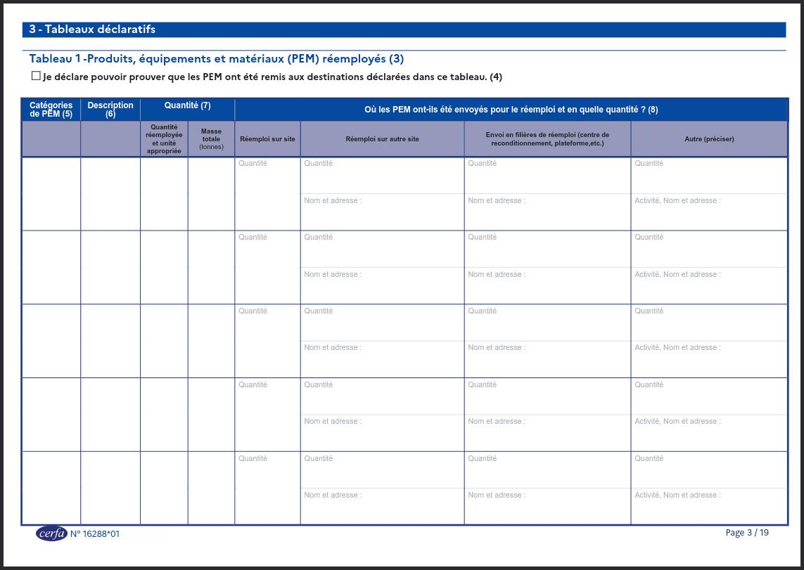 Tableau declaratif des PEM reemployes du CERFA 16288