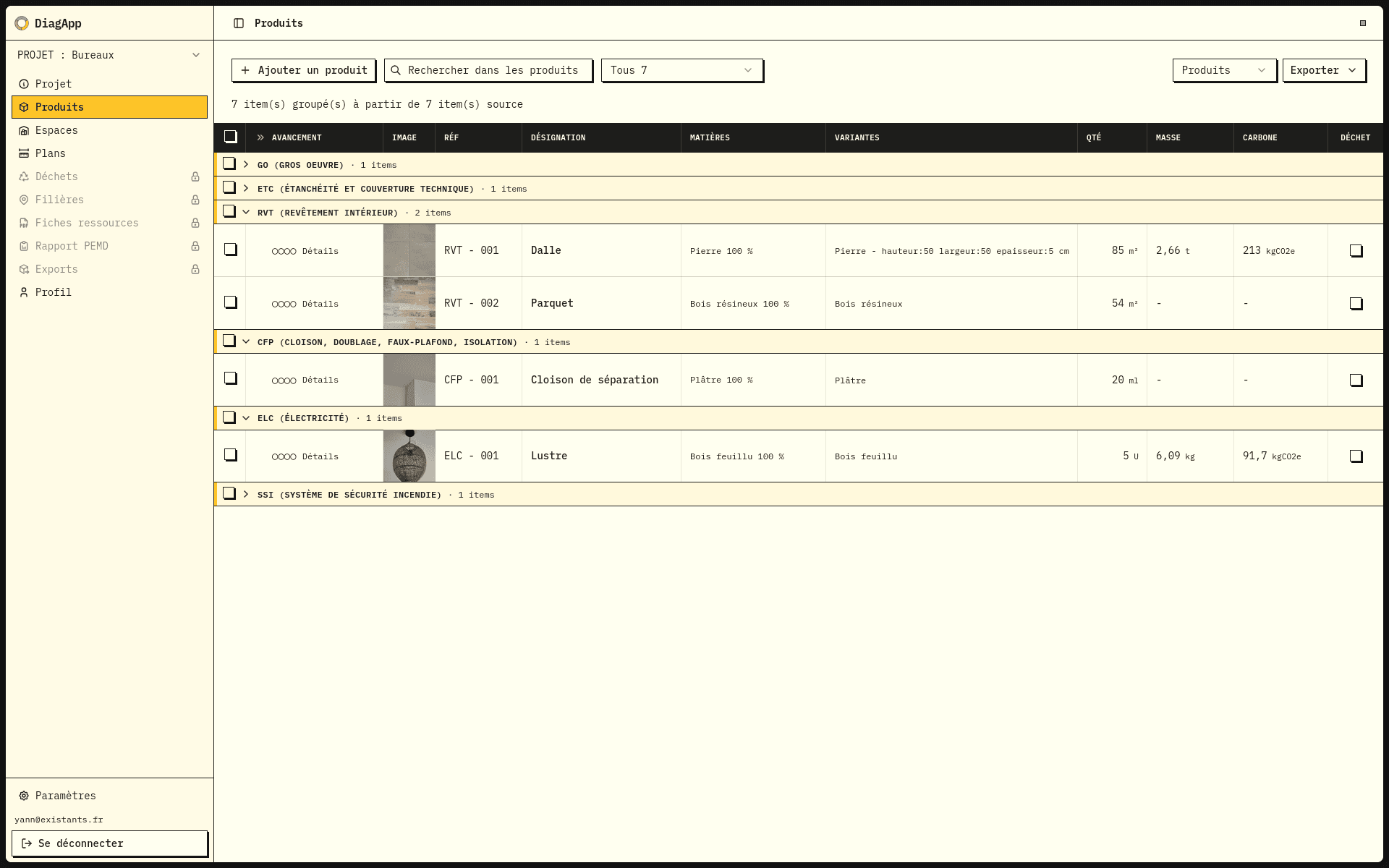 Tableau de bord web DiagApp listant les produits avec masses, carbone et flux dechets
