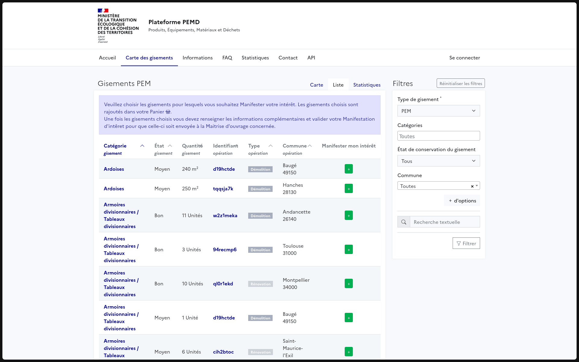 Liste des gisements PEMD publies sur la plateforme nationale