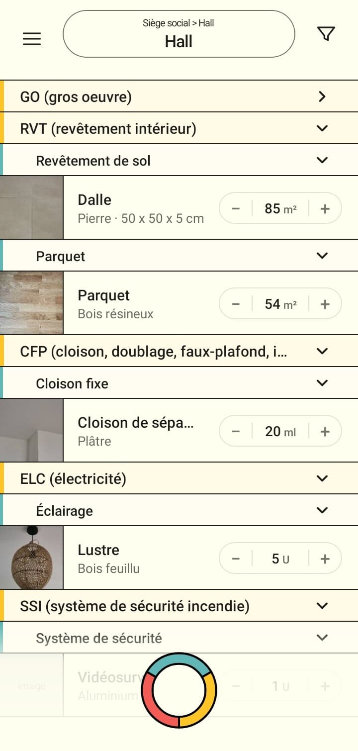 Liste des produits par categorie dans DiagApp, disponible hors-ligne